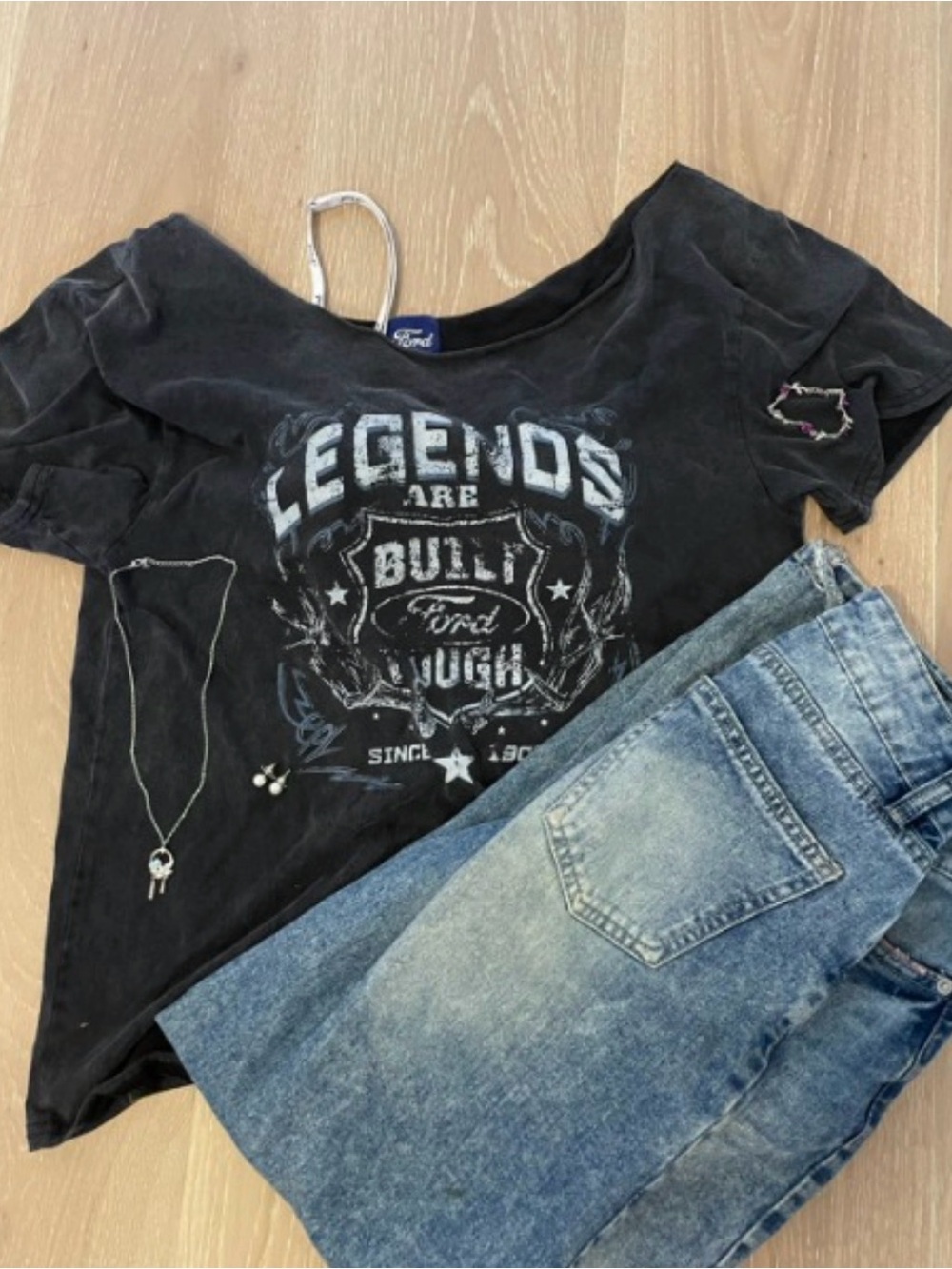 Ford Black Off-Shoulder Graphic Tee